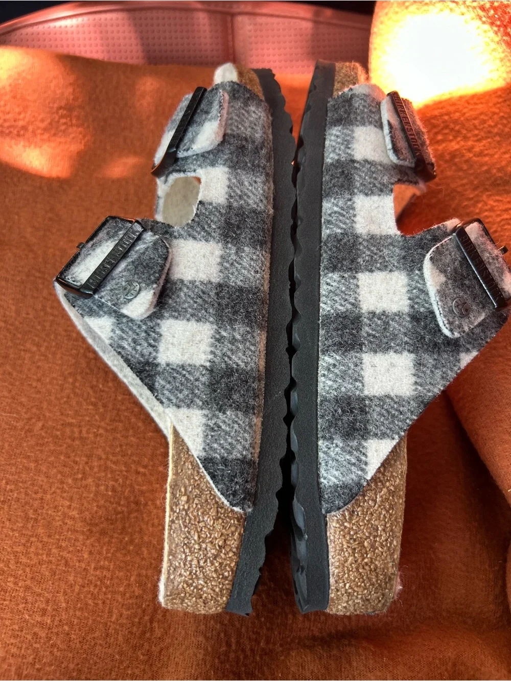 Birkenstock Wool Plush Lined Black & White Buffalo Plaid womens Sandals size 8